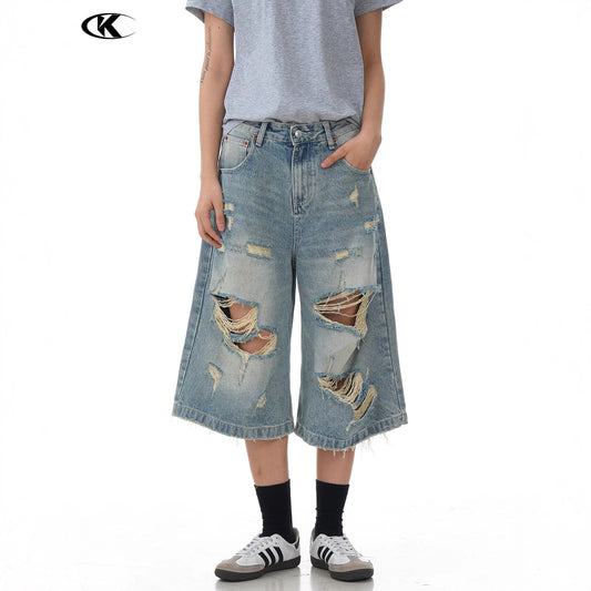 Design Seven-Quarter Denim Pants - Washed Loose Straight Shorts
