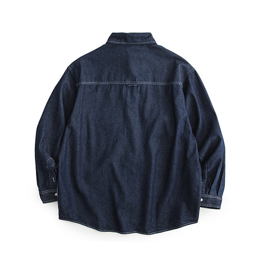 Patchwork Color-Block Loose Fit Workwear Long Sleeve Denim Shirt