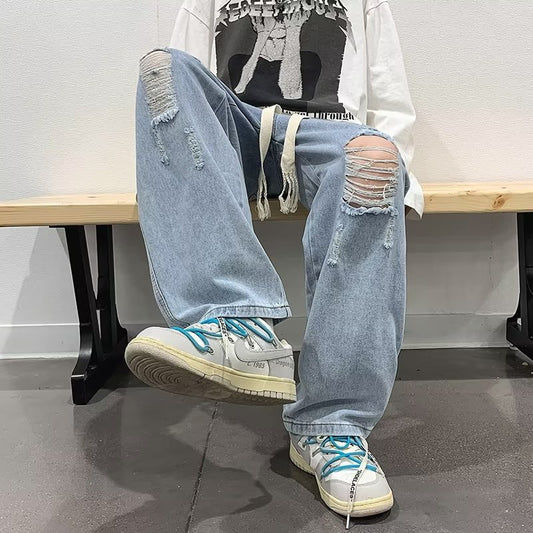 Men's Ripped Summer Jeans - Thin Fit Loose Straight Wide Leg