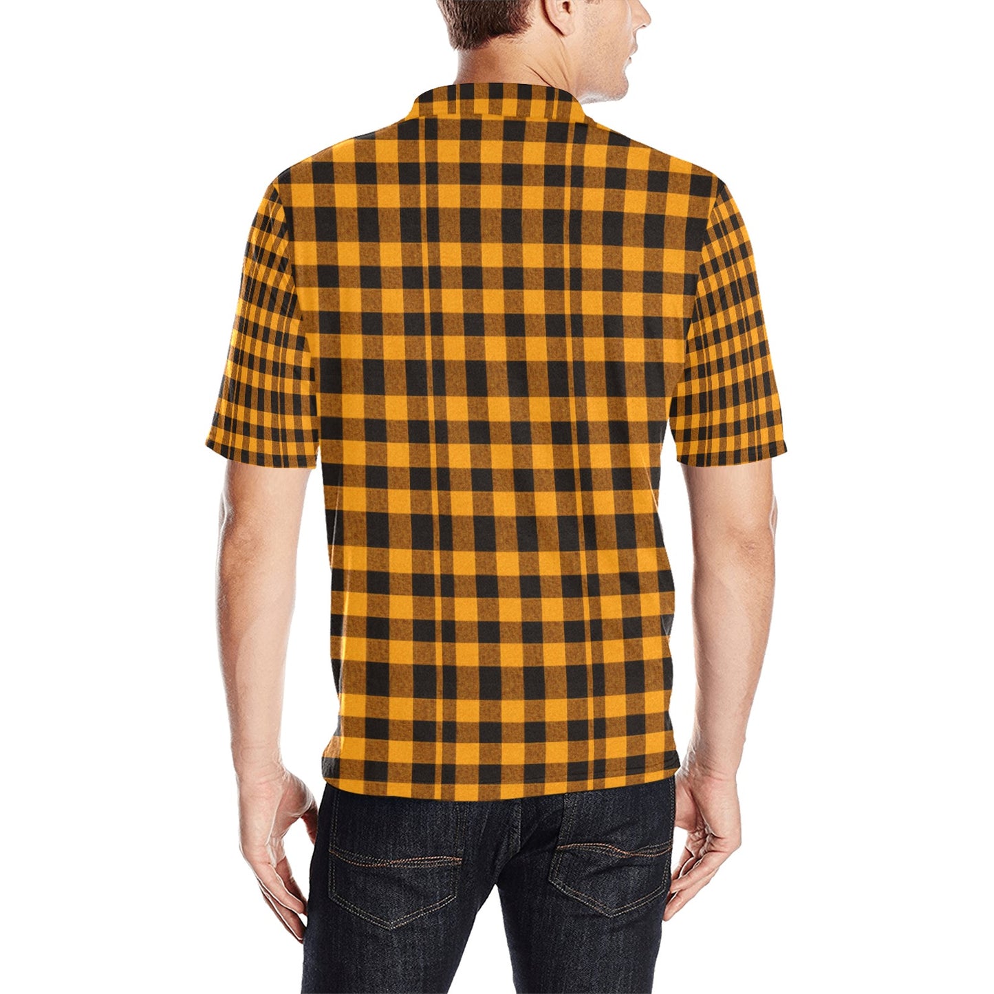 Goldenrod and Black Checkered Pattern Men's All Over Print Polo Shirt