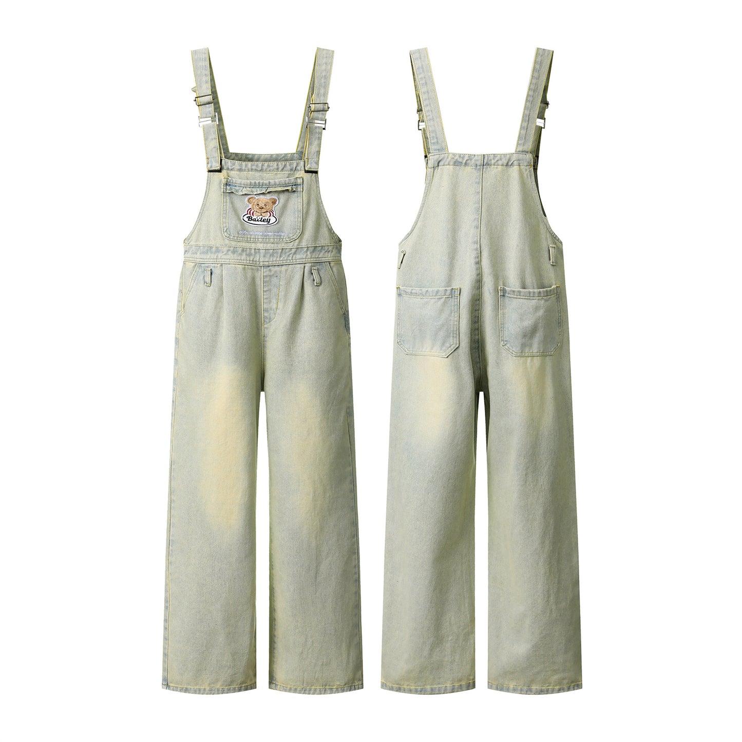 Embroidered Denim Overalls - Washed Straight Leg Jumpsuit