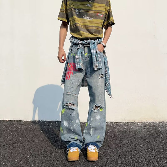 Retro Washed Graffiti Ripped Jeans - Loose Wide Leg Pants