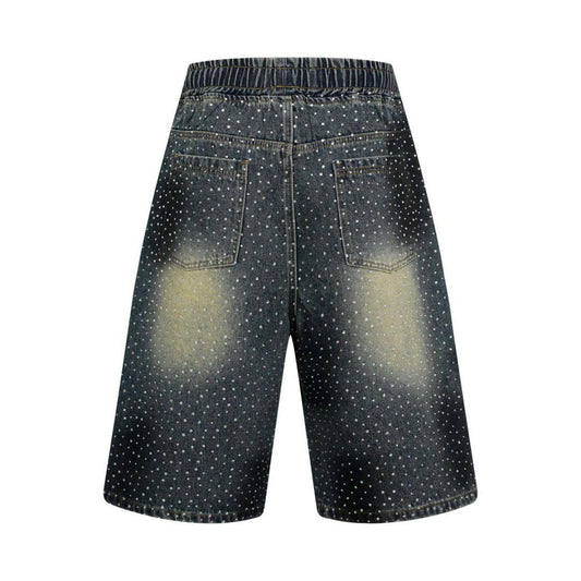 Washed Vintage Graffiti Rhinestone Denim Shorts for Men - Loose Fit Wide Leg Pants