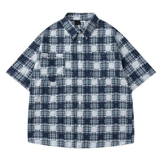 Blue Short Sleeve Plaid Shirt for Men - Casual, Frayed, Trendy