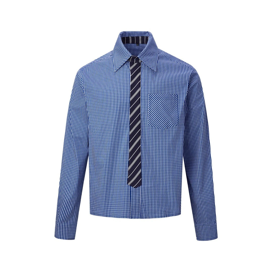 Fake Tie Splicing Design Checkered Shirt