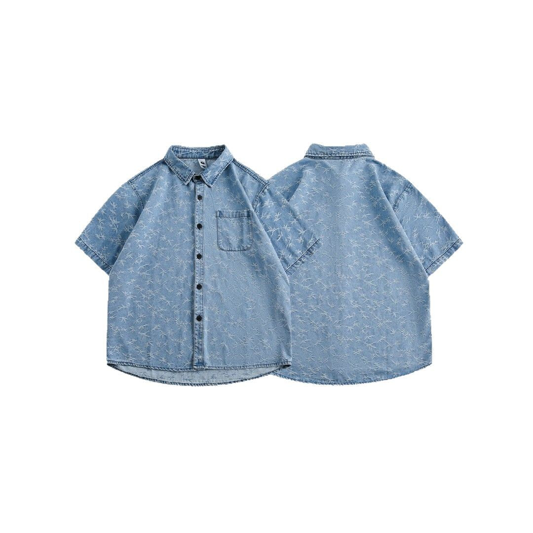 Loose Washable Jacquard Denim Shirt with Patch Pocket Design