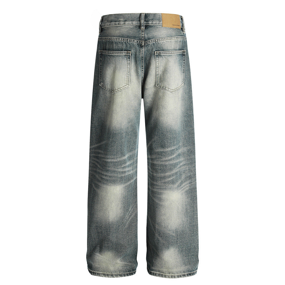 Retro Men's Jeans, Faded White Catwhisker Straight Leg, Versatile, Loose Fit Men's Pants