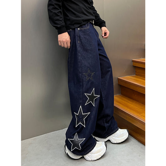 Street Denim Five Pointed Star Patch Embroidered Loose Wide Leg Pants