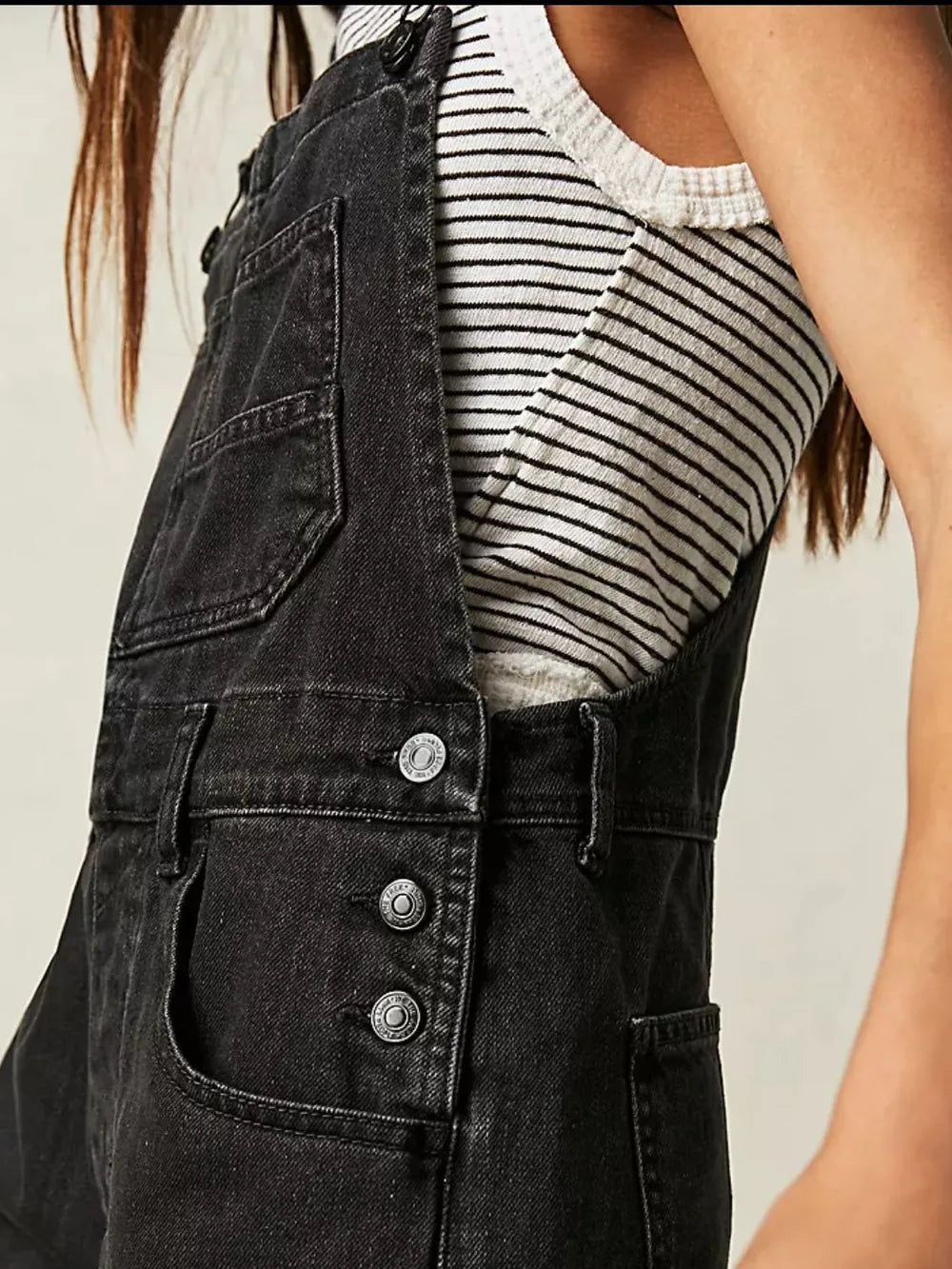 Square Neck Wide Strap Denim Overalls in Black