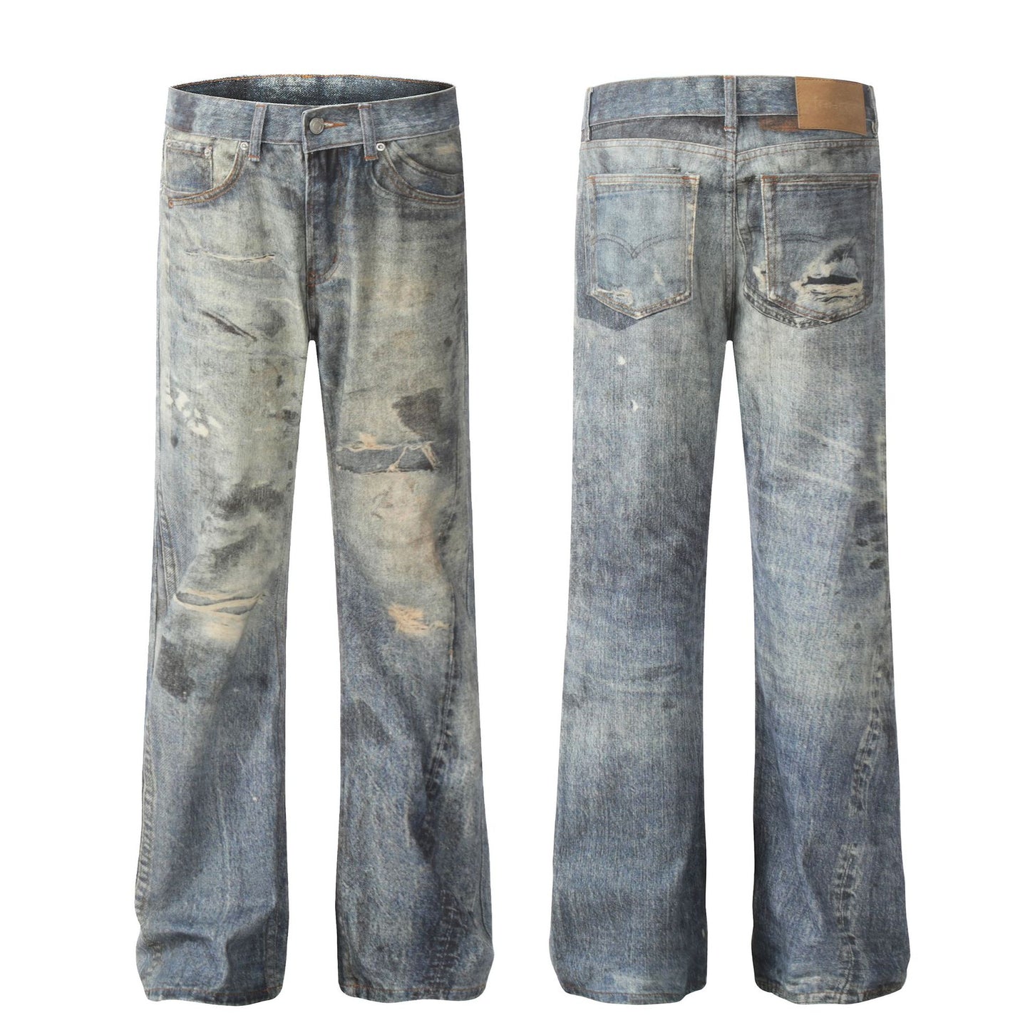 Distressed Denim Pants - Straight Fit Long Trousers