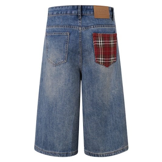 High-Waist Slimming Loose Fit Denim Pants with Back Pocket Plaid for Men and Women
