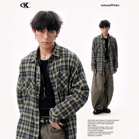 Blue Green Plaid Long Sleeve Turn-Down Collar Shirt