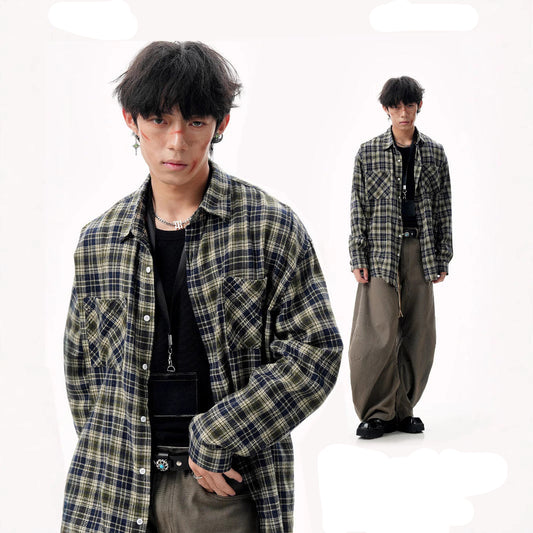 Blue Green Plaid Long Sleeve Turn-Down Collar Shirt