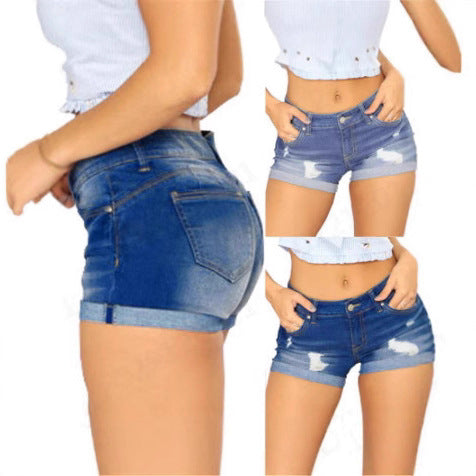 Denim Shorts with Folded Edges - Hot Pants