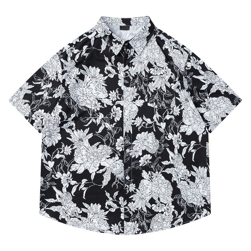Hawaiian Retro Dark Floral Casual Short Sleeve Shirt for Men