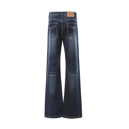 Washed Denim Bell Bottoms — Mid-Rise Flared Jeans with Zipper Fly (Black, Dark Blue)