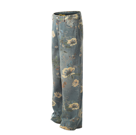 Floral Wide-Leg Denim Trousers for Men and Women