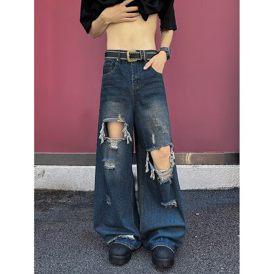 Pierced Floor Mopping Denim Distressed Straight Leg Wide Leg Pants