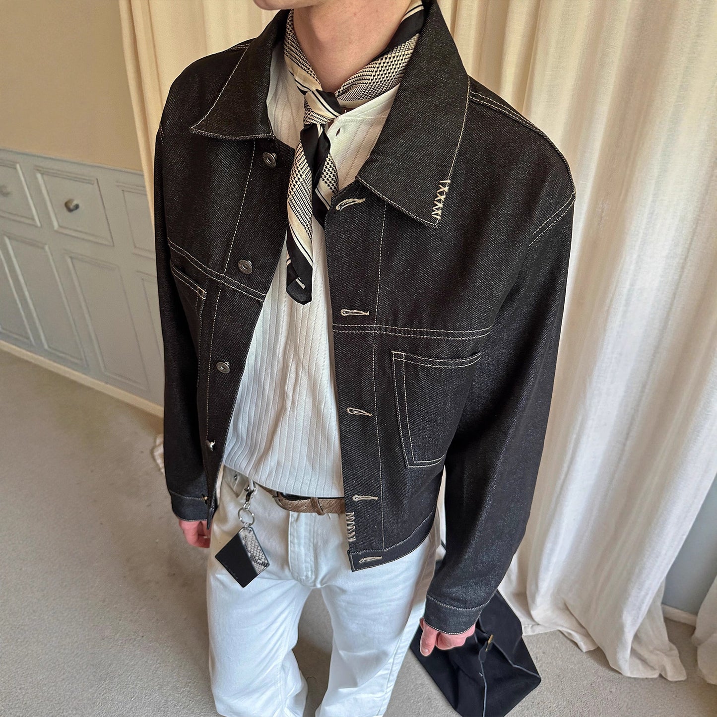 Short Wide Boxed Double Pocket Turn-Down Collar Denim Suit Jacket for Men and Women