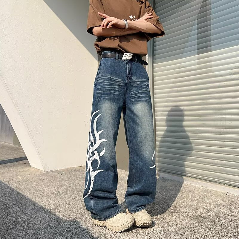 Printed Wide Leg Denim Loose Gradient Straight Leg Floor Pants