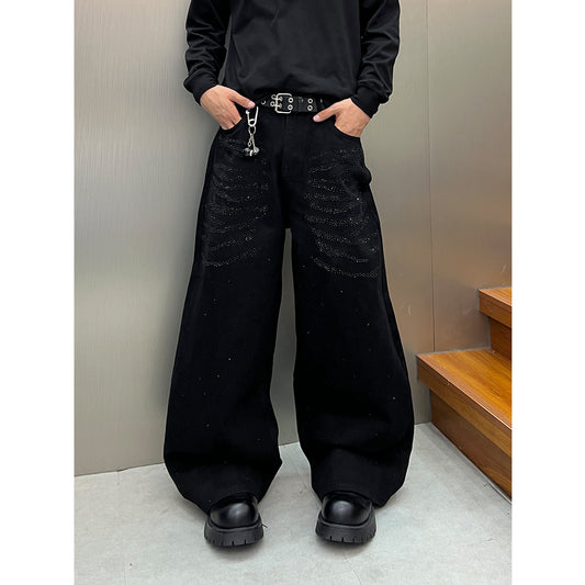 Washed Rhinestone Design Denim Pants with Loose Wide Legs