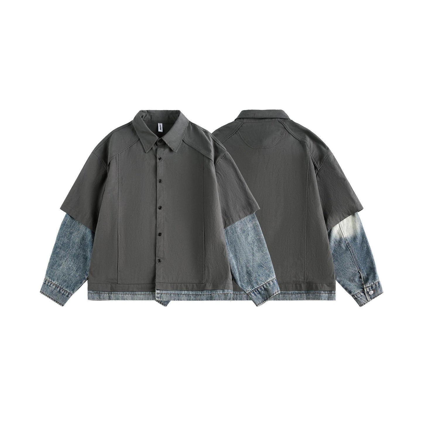 Spliced Faux Two Denim Shirts with Retro Loose Fit