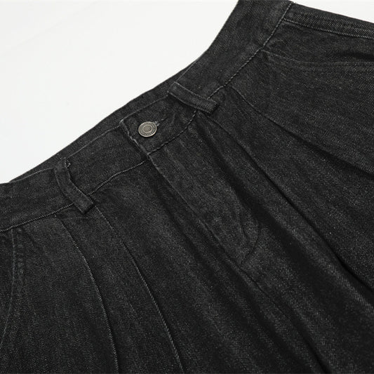 Men's Denim Jeans, Pleated Solid Color Straight Leg, Casual Loose Fit Pants