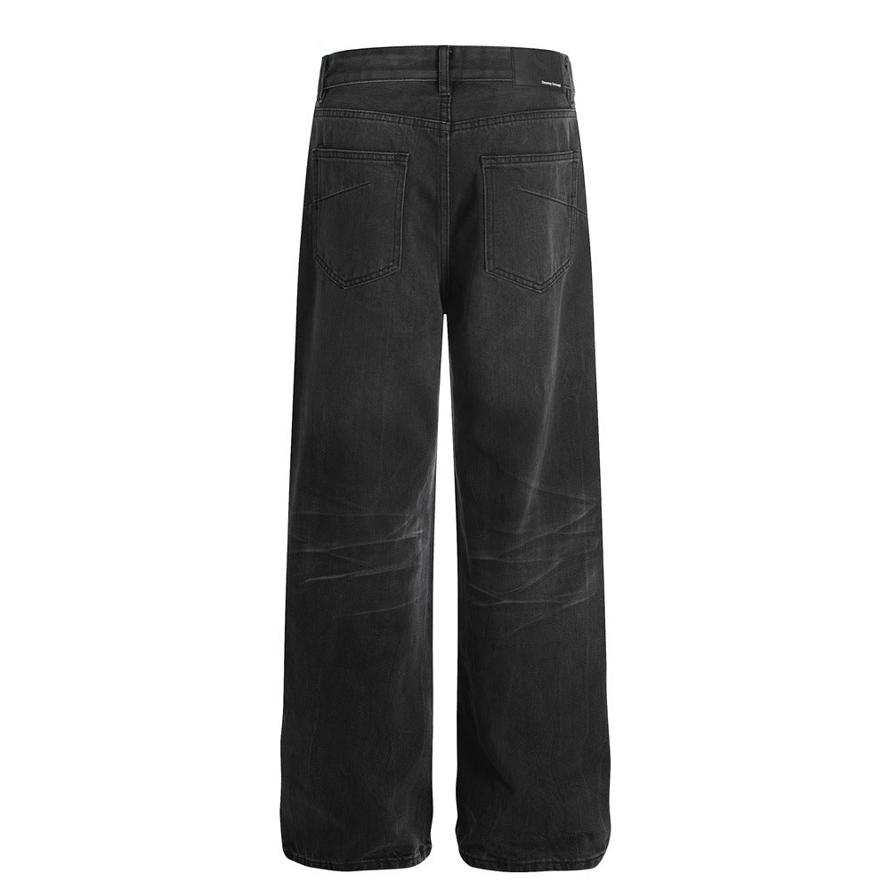 Men's Jeans Washed Black Cat-Whisker Brand Loose Fit Versatile Men's Pants
