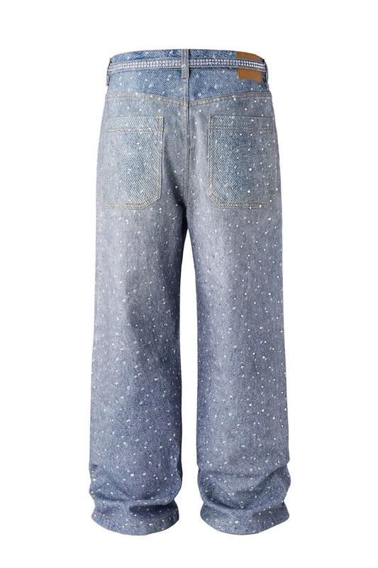 Washed Loose Wide Leg Printed Jeans with Full Diamond Drop Design