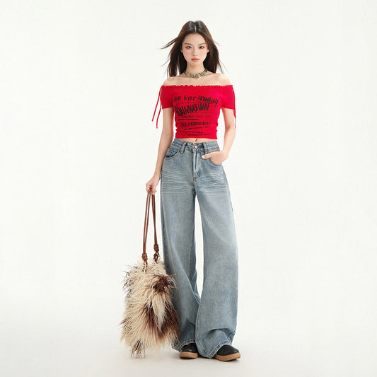 Women's Wide Leg Jeans - Loose Drape Washed Straight Leg Floor Length Pants
