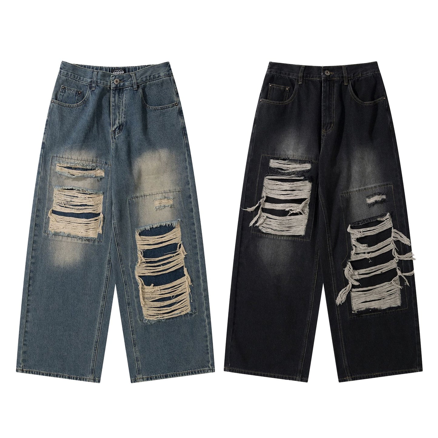 Ripped Denim Washed Tassel Loose Straight Leg Wide Leg Pants