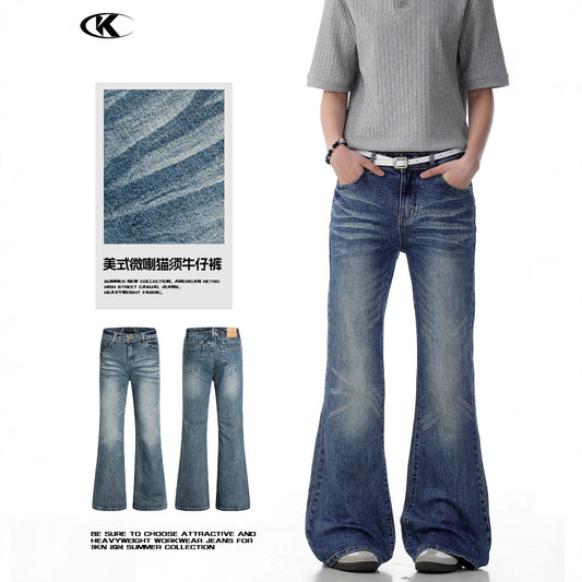 Blue Flared Jeans - Water Washed Cleanfit Loose Fit Slimming Casual Long Pants