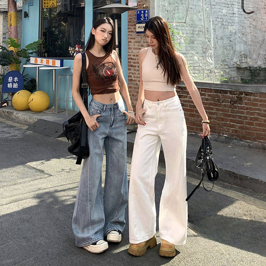 Women's Spliced Wide Leg Flared Denim Trousers