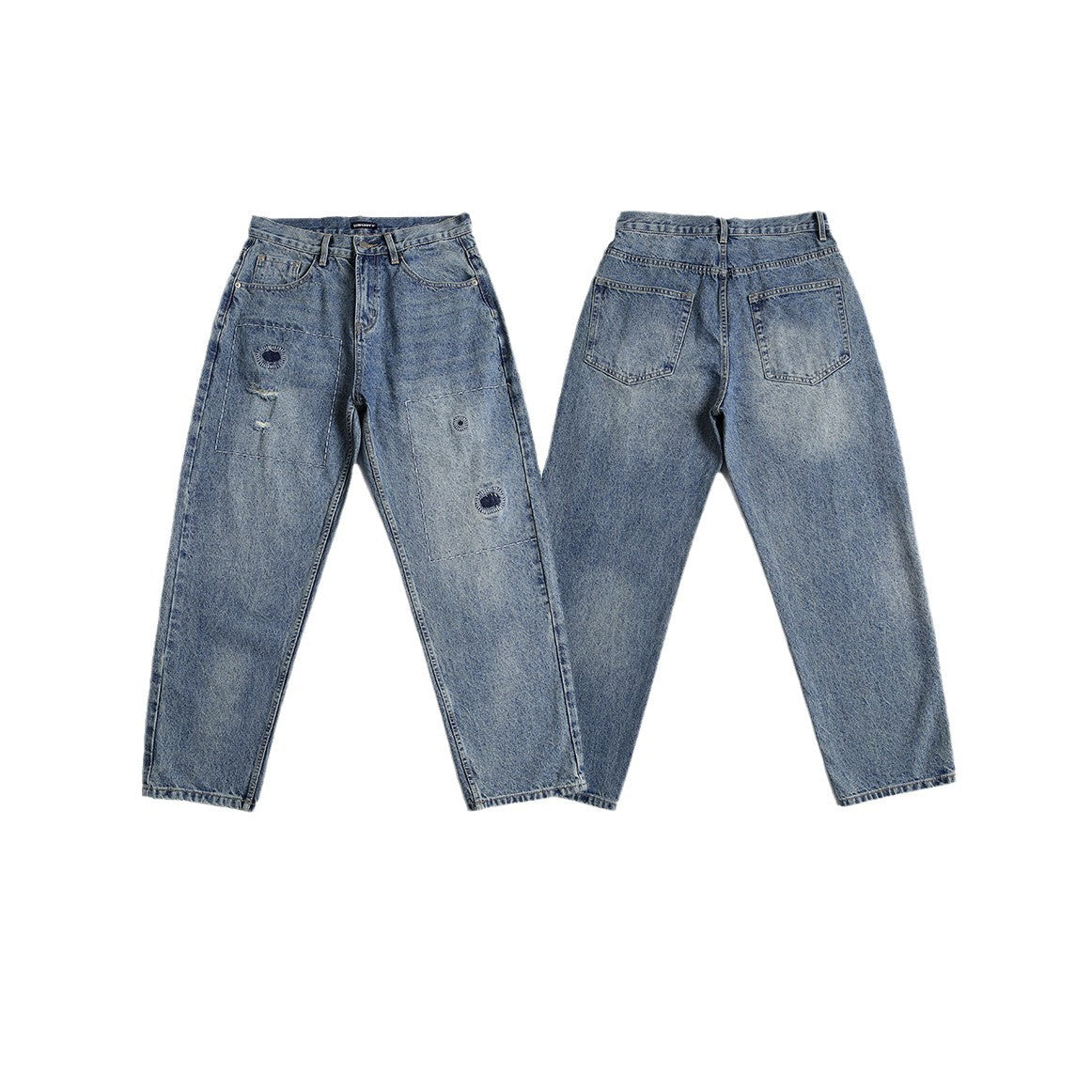 Premium Japanese Retro Light Denim Wear-Resistant Jeans with Red Handmade Patches