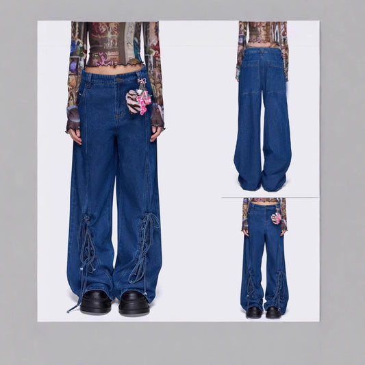Japanese Denim Wide Leg Pants with Lace-Up Detail