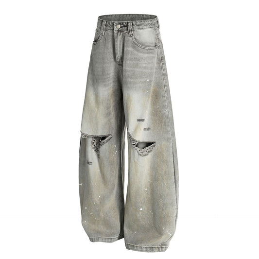 Bent Knife Washed Ripped Jeans Wide Leg Pants