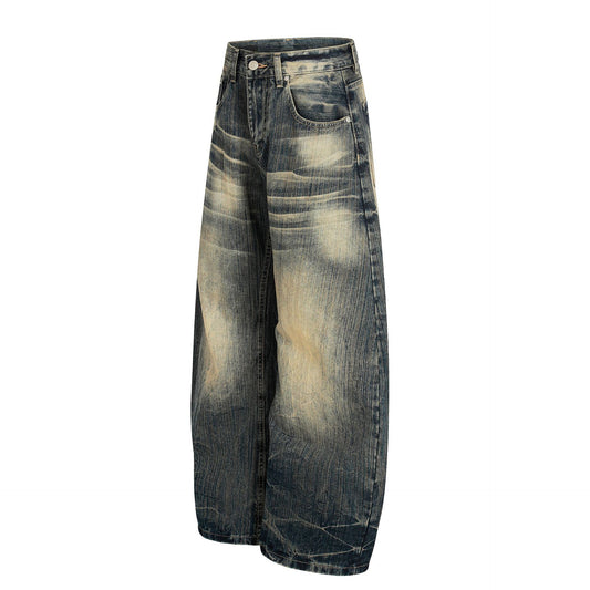 Street Vintage Washed Bamboo Texture Loose Wide-Leg Denim Pants
