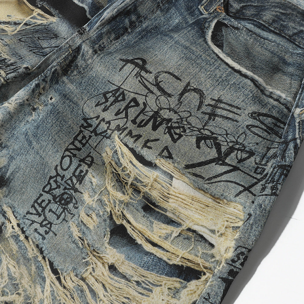 Men's Vintage Distressed 3D Printed Denim Pants