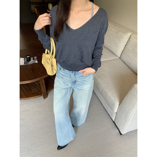 Distressed Cracked Tie-Dye Wide-Leg Denim Pants for Women