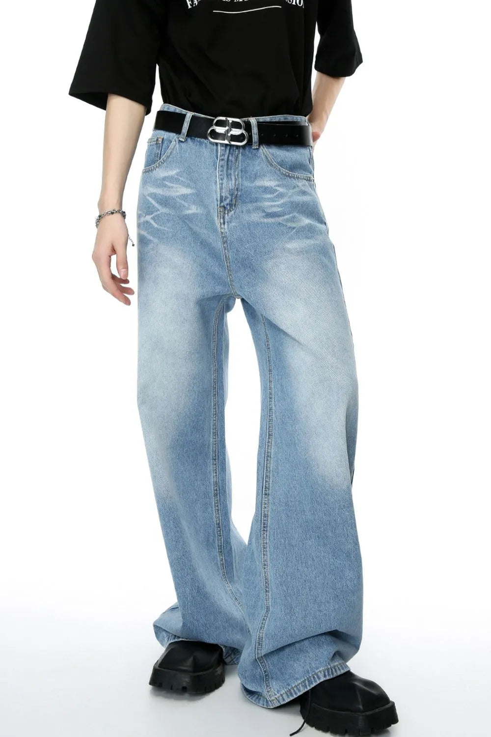 Mid Rise Wide Leg Men's Jeans with Pockets