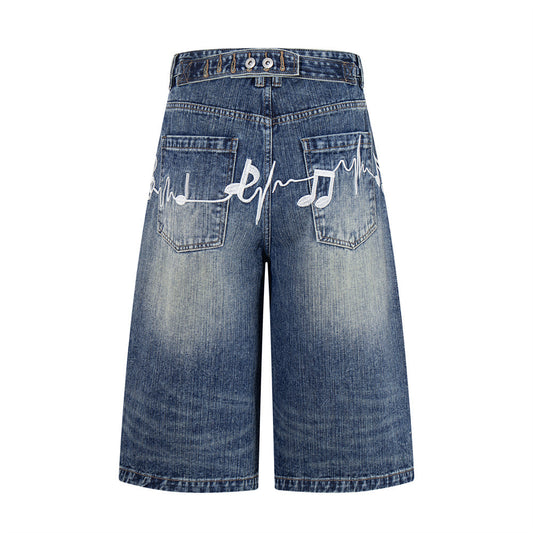 Men's Embroidered Denim Shorts — Mid Rise Loose Fit, Blue