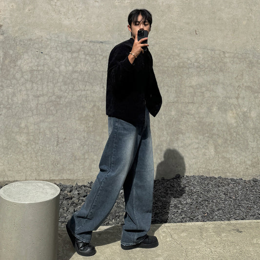 Vintage Denim Pants for Men - Loose Clean Fit Straight Leg Long Trousers Commuter Style Oversized Pants