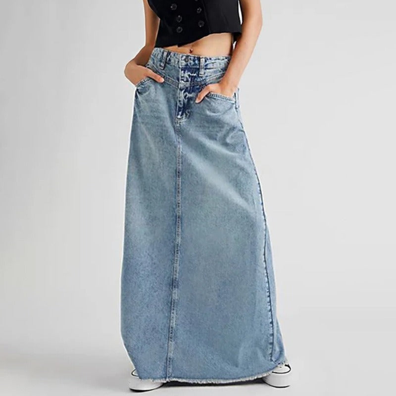 Women's Vintage A-Line Denim Skirt - Retro High Waist Mid-Length Dress in Blue