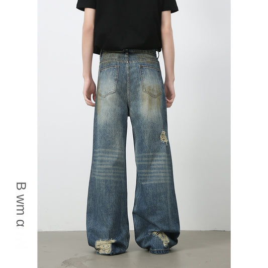 American Retro Distressed Design Floor-Length Denim Trousers for Men - Washed Loose Straight Leg Wide-Leg Pants