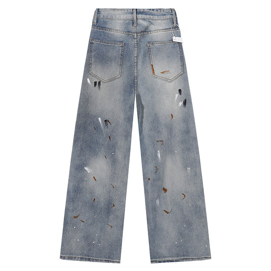 Loose Straight Leg Jeans with Hand-Painted Wide Leg Design