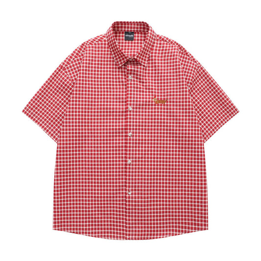 Retro Sausage Dog Embroidered Plaid Short Sleeve Shirt for Men and Women
