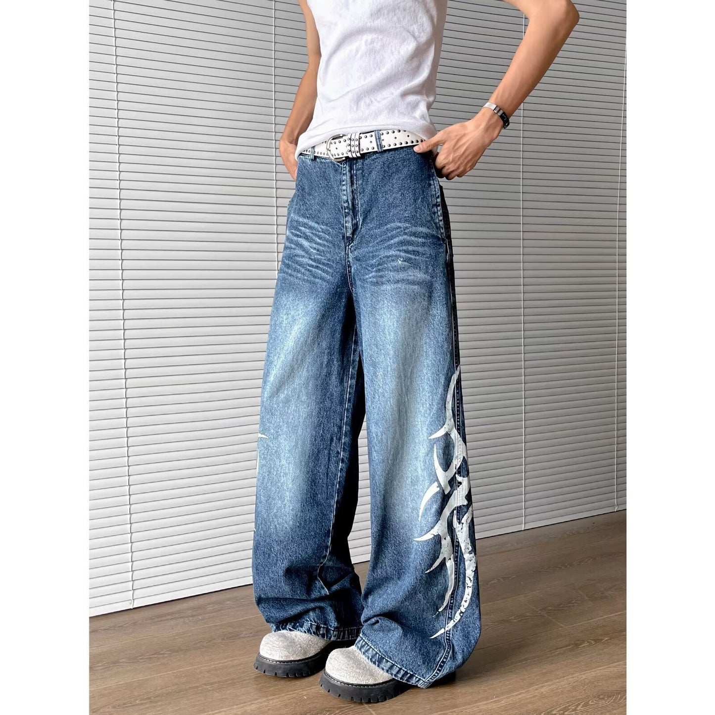 Washed Totem Print Loose Straight Leg Denim Retro Wide Leg Casual Pants