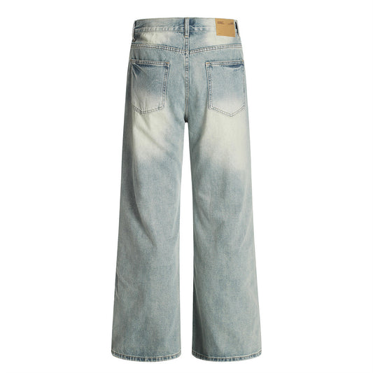 Men's Faded White Wide-Leg Straight-Leg Denim Pants