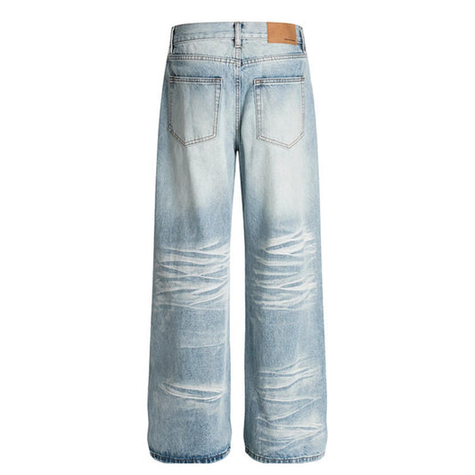 Premium Washed Scratched and Ground White Straight Leg Jeans