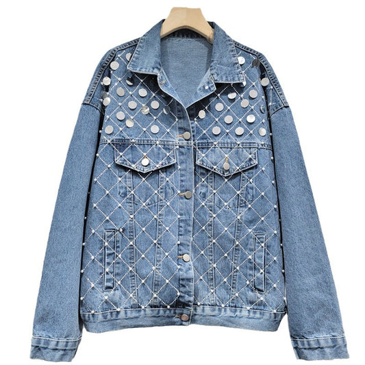 Women's Denim Jacket with Big Sequins, Pearls, and Rhinestones
